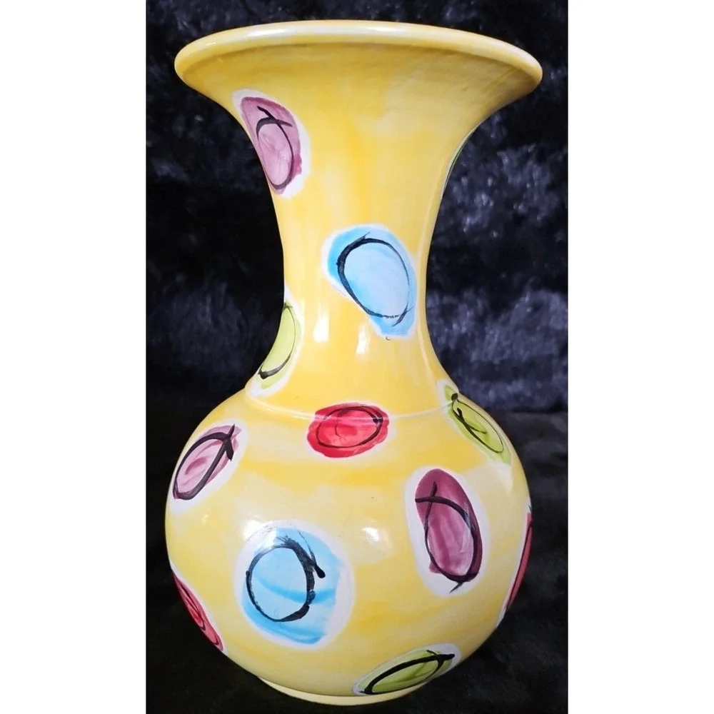 Yellow Vase with lots of color, Black/white inside Signed Thompson